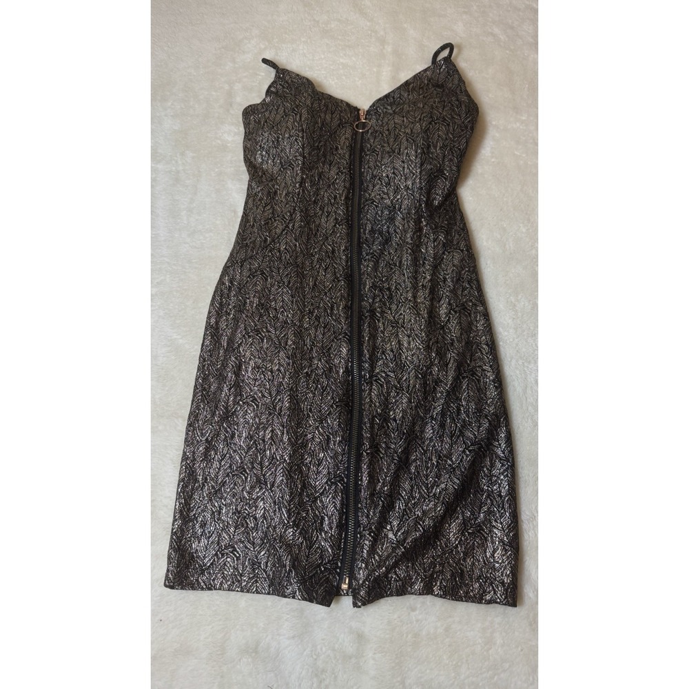 Haute Monde Womens M Metallic Bronze Black Zip Front Dress Leaf Pattern Party